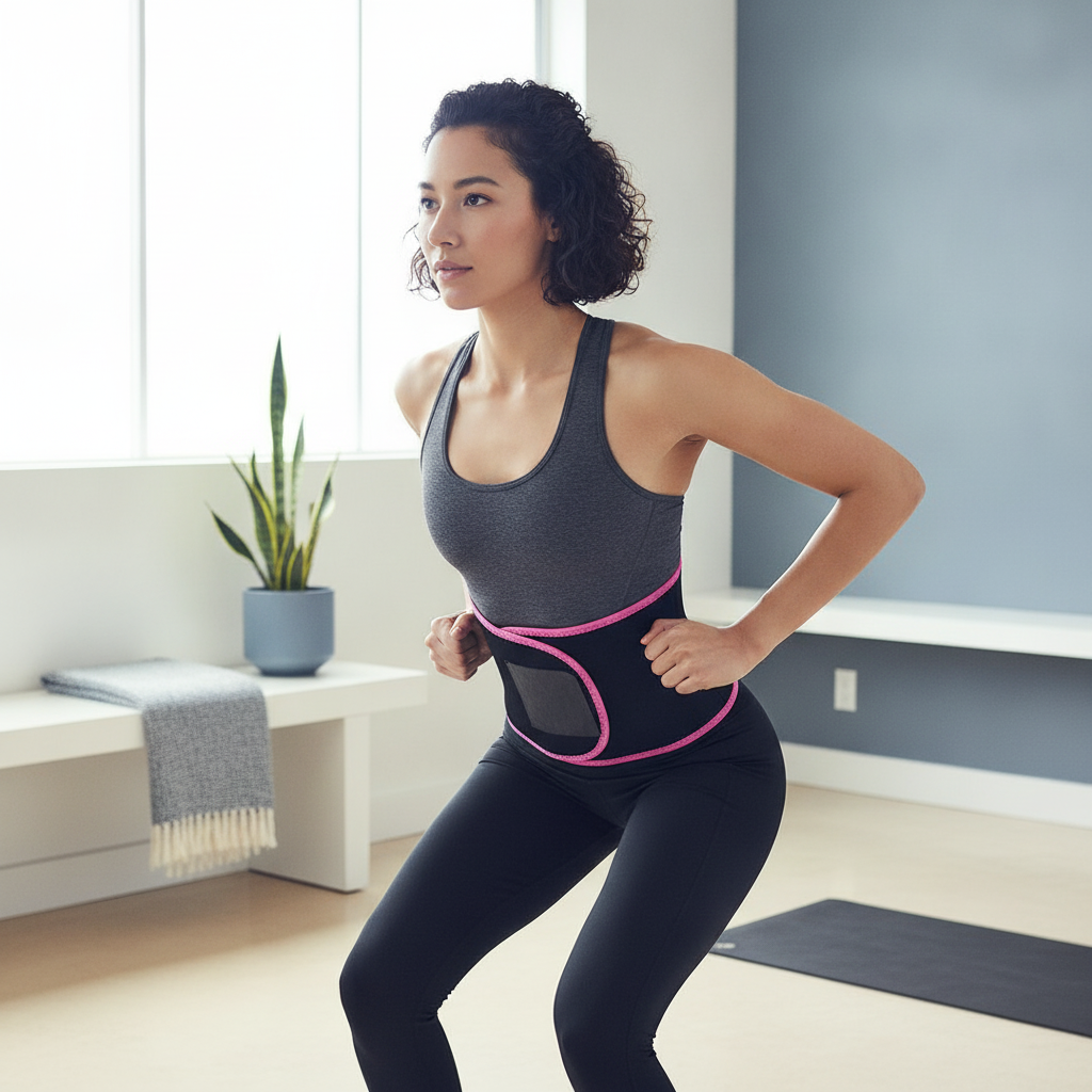 Person smiling and working out, wearing an Adjustable Waist Trimmer Belt in a modern home gym.