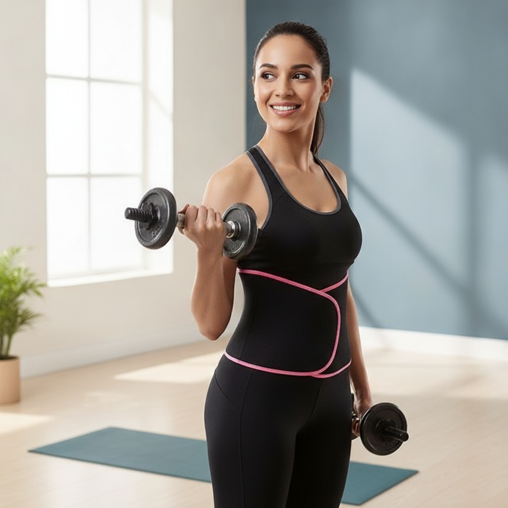 Person smiling and exercising while wearing an Adjustable Waist Trimmer Belt in a modern gym.