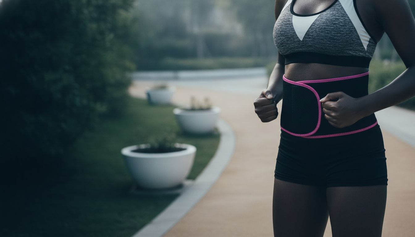 Person wearing an adjustable waist trimmer belt during an outdoor workout, with soft morning light and blurred park backgroun