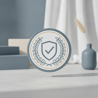 A premium trust badge or certification logo in a minimalist style, with soft shadows and rounded edges.