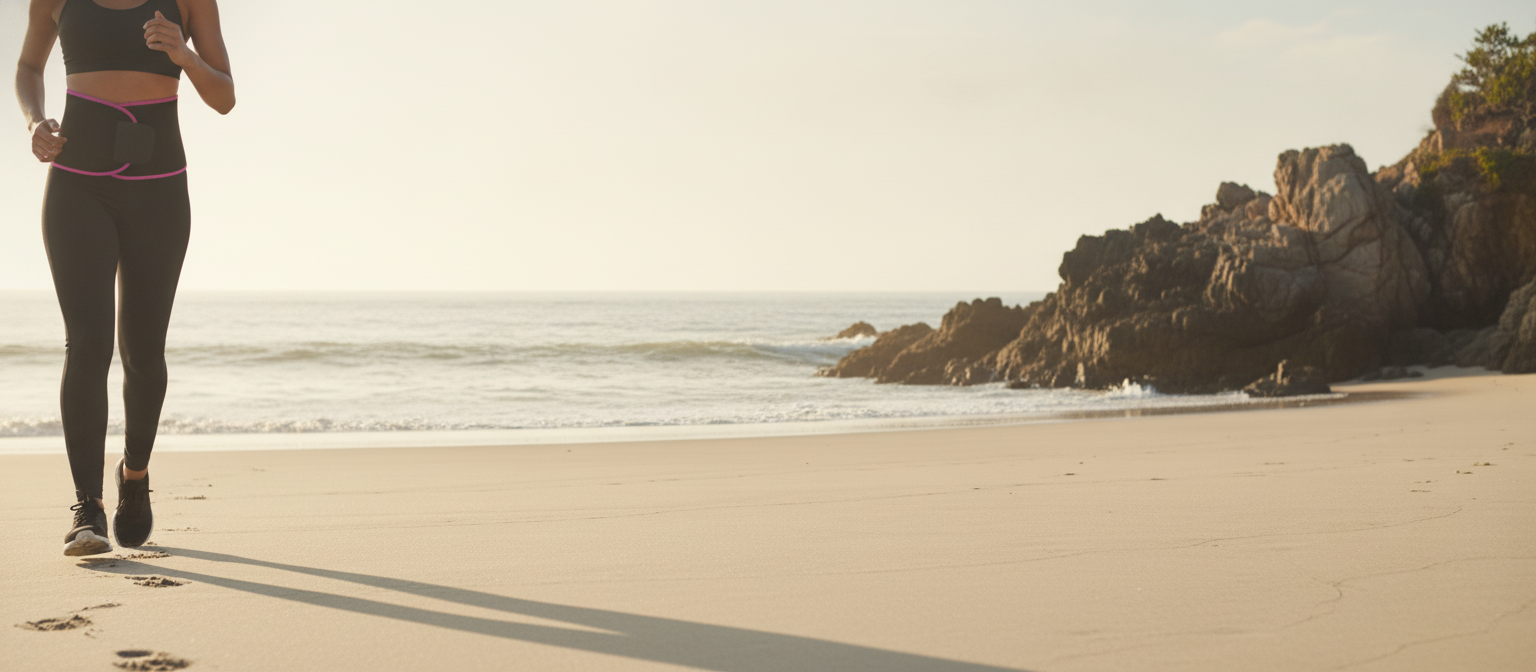 Coastal landscape at sunrise with a person wearing a black waist trimmer belt running on a sandy beach. The sky is a warm cre