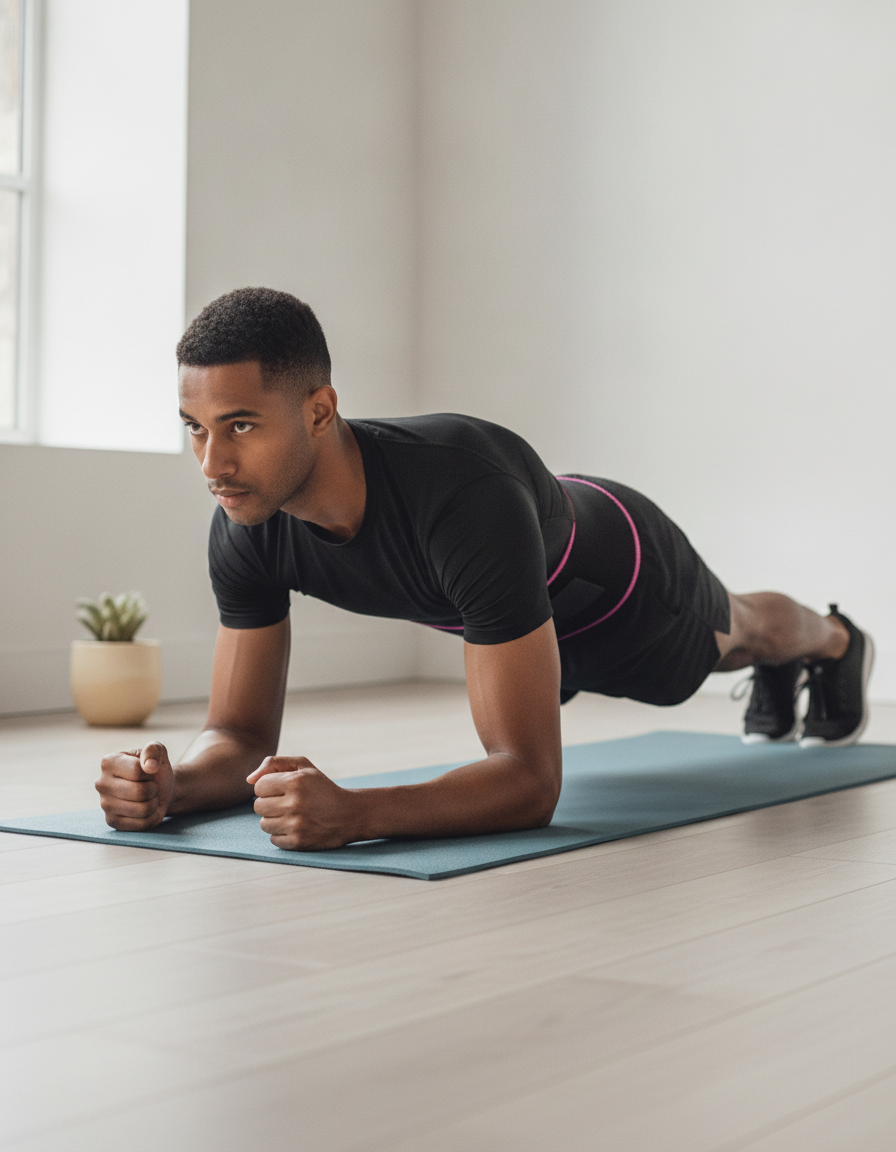A person wearing a black Adjustable Waist Trimmer Belt, exercising in a modern, minimalist home gym with soft lighting.