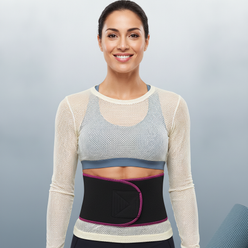 Portrait of Elena Rodriguez, a fit Hispanic woman, smiling confidently, subtly showcasing an Adjustable Waist Trimmer Belt un