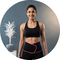 Circular portrait of smiling Indian woman, Maya Patel, in athletic wear, with a clean slate blue and warm cream background.