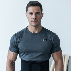 Close-up portrait of Victor Rossi, an athletic man, confidently looking at the camera, wearing athletic apparel with a waist 